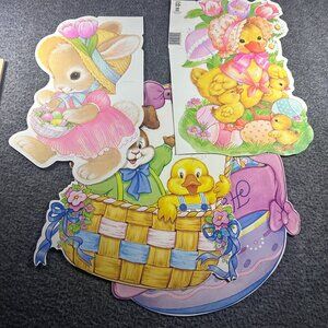 Vtg Easter Cardboard Die Cut Decor Lot of 3 Spring Bunnys Ducks Eggs Peeps